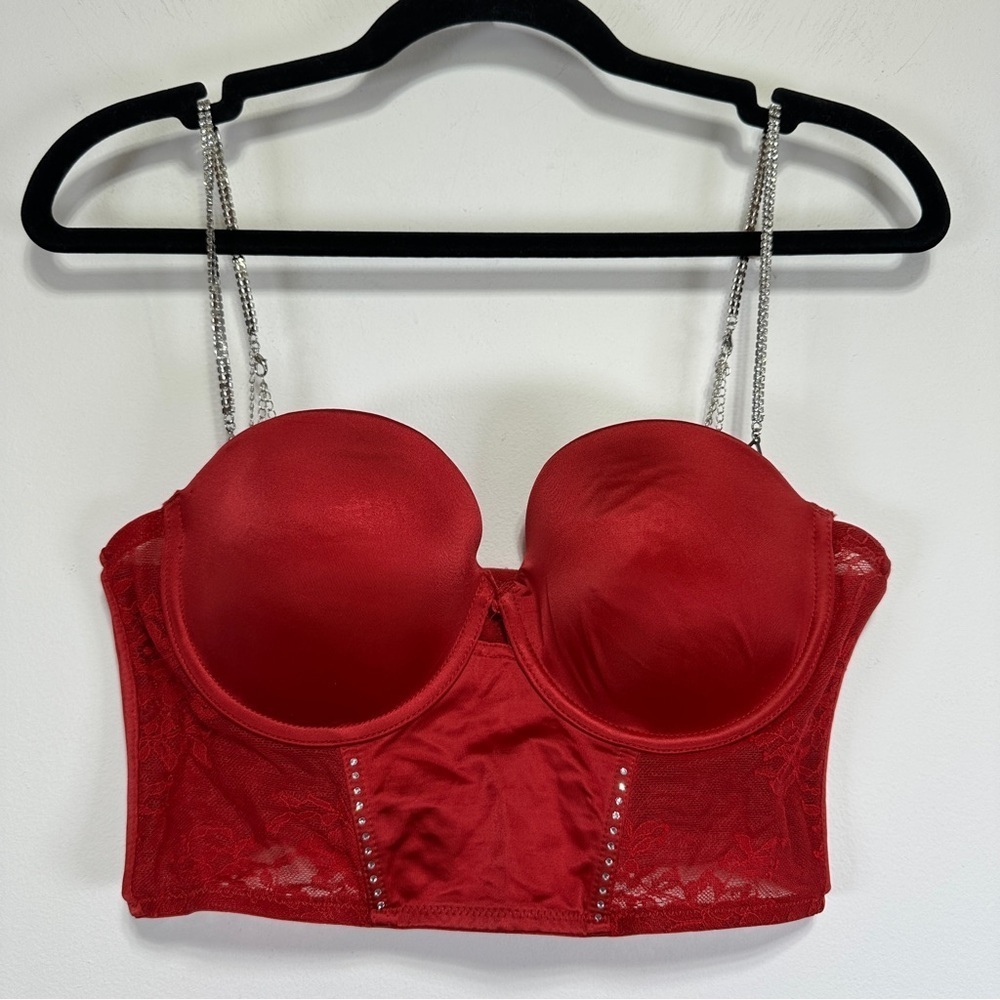 Rose & Vine Red Lace Bustier Corset Top Underwire Rhinestone Strap M